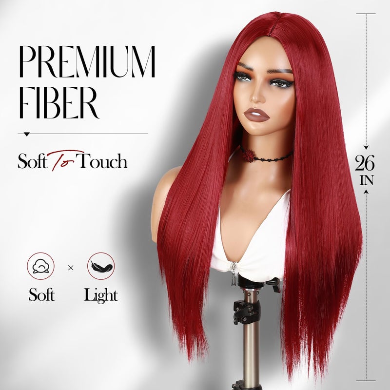 WIGER Red Wigs For Women Long Straight Red Hair Wig Middle Part Synthetic Colored Mermaid Cosplay Wig No Lace Nature Looking Girls Red Costume Full Wigs - Image 3